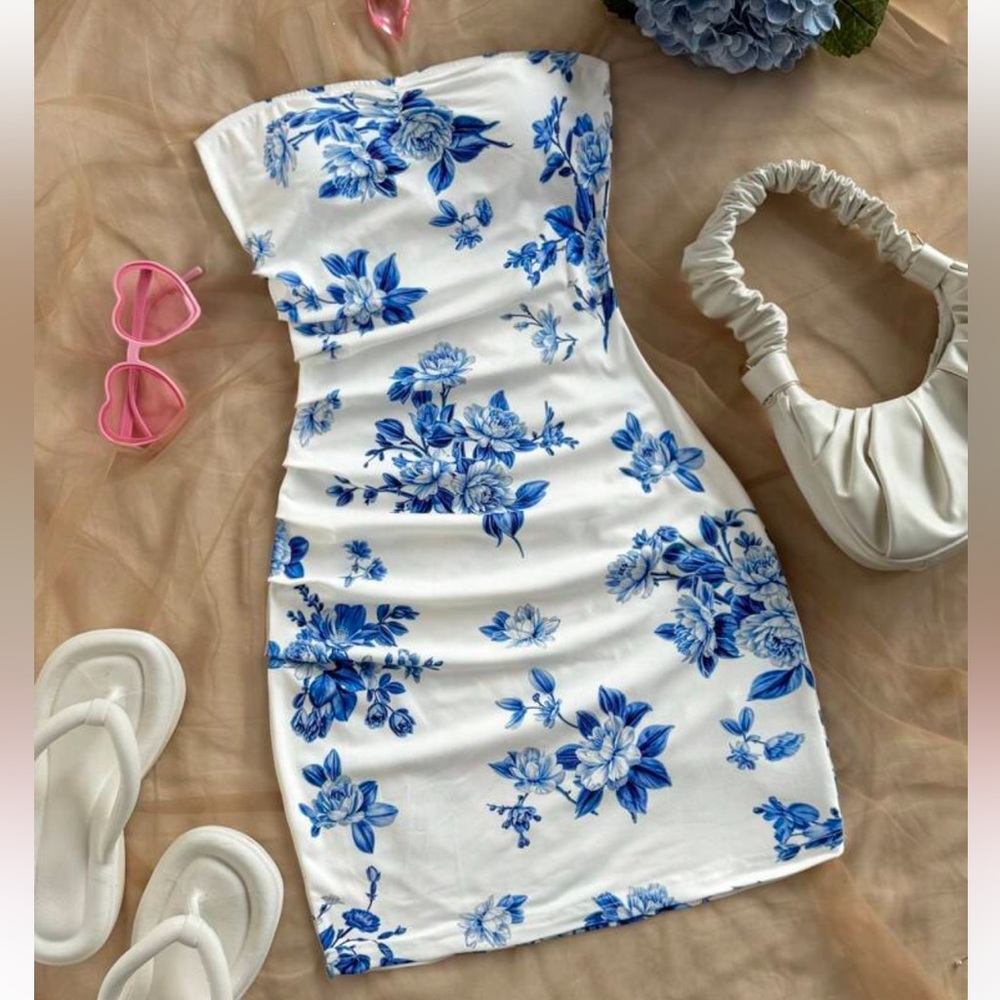 Floral Blue and White Strapless Dress
